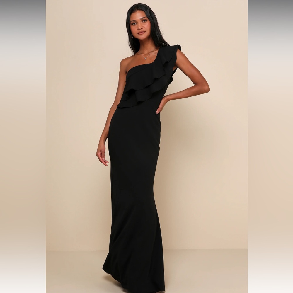 Lulus - Grand Beauty Black Ruffled One-Shoulder Mermaid Maxi Dress